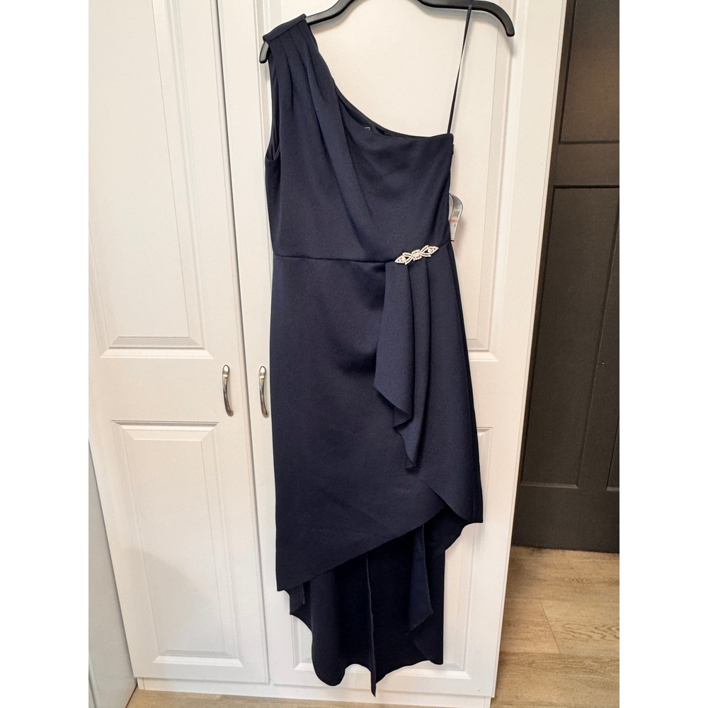 NWT Jessica Howard Petite Navy Blue One Shoulder High‎ Low Dress 10P Sz 10 Scuba